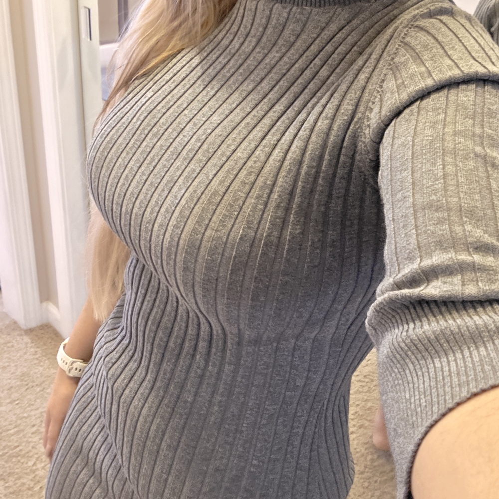Gray Ribbed Long Sleeve Turtleneck Sweater Dress